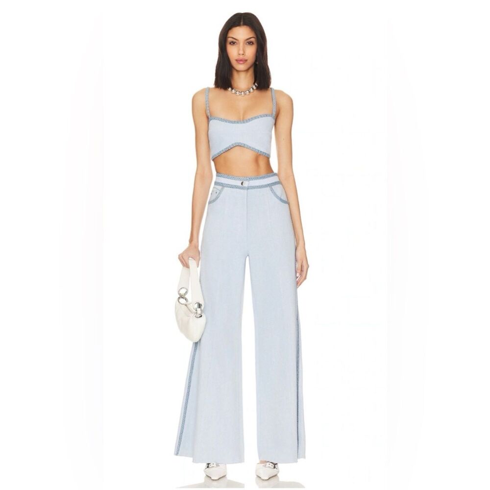 Sabina Musayev Light Wash Wide Leg Jeans Braided Trim High Rise Boho Chic - Picture 2 of 10